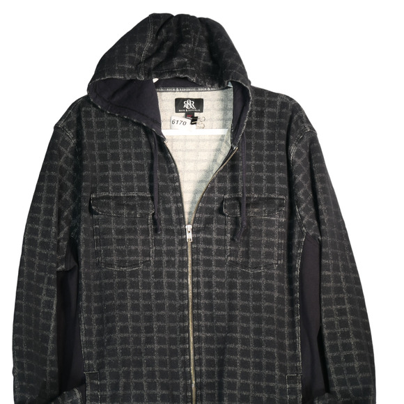 Rock Republic Jacket Mens XXL Black Windowpane Hoodie Pocket Full Zip Sweatshirt - Picture 2 of 10